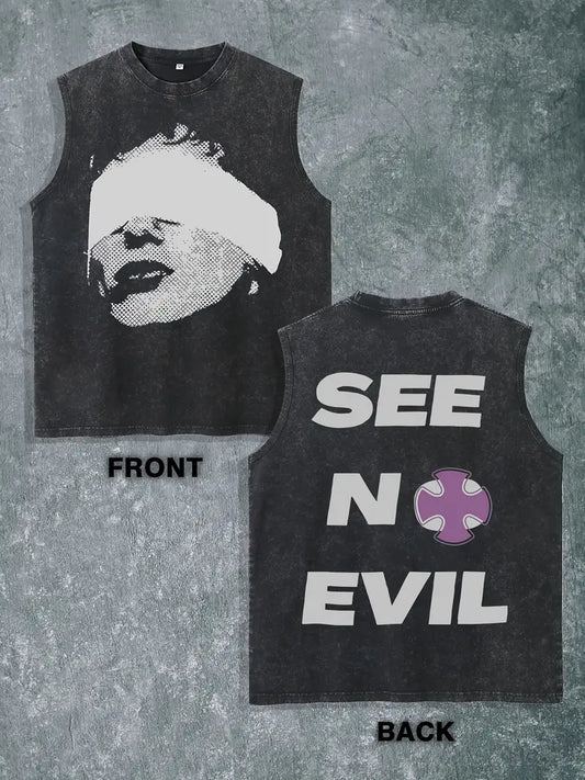 See No Evil, Street Style, Mens Cotton Fitness Tank Top Sleeveless Cropped Muscle T-Shirt Washed T-Shirt Running Beach Loose T-Shirt